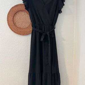 Black Maxi Sundress with V-neck and Flutter Sleeves